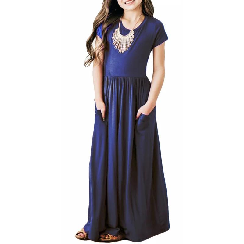 Robe longue d'été pour filles, couleur unie, manches courtes, plage, fête d'anniversaire, décontract