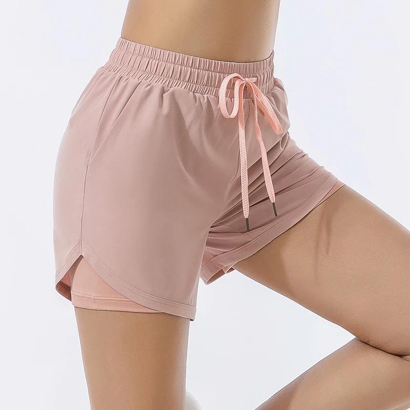 Short de sport ample pour femmes, taille haute, double couche, antidérapant, pantalon de yoga, fitne