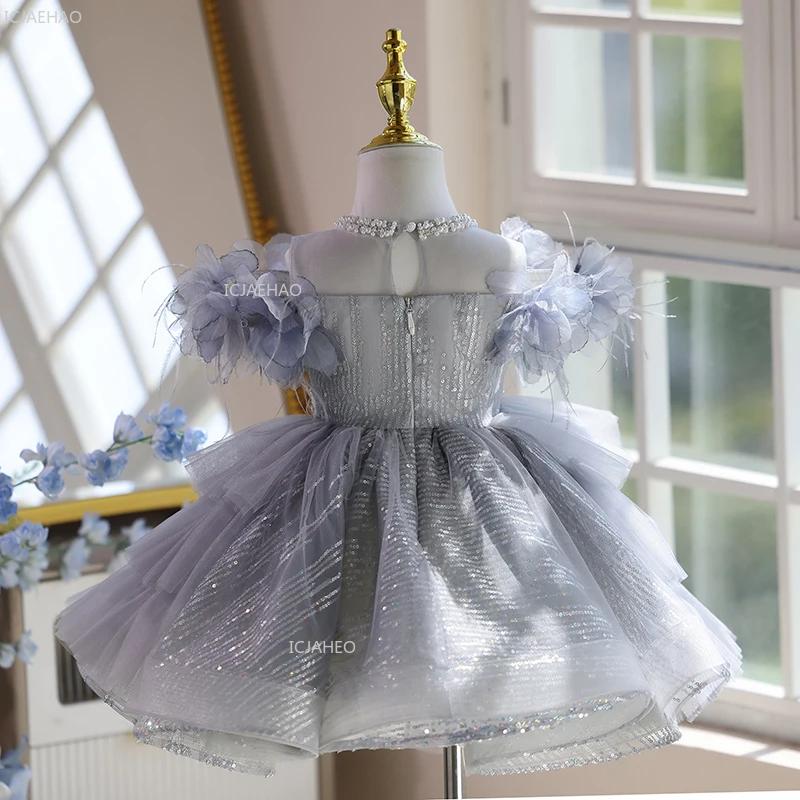 Robe de bal princesse grise pour filles, robe de fête d'anniversaire pour enfants, hôte de spectacle