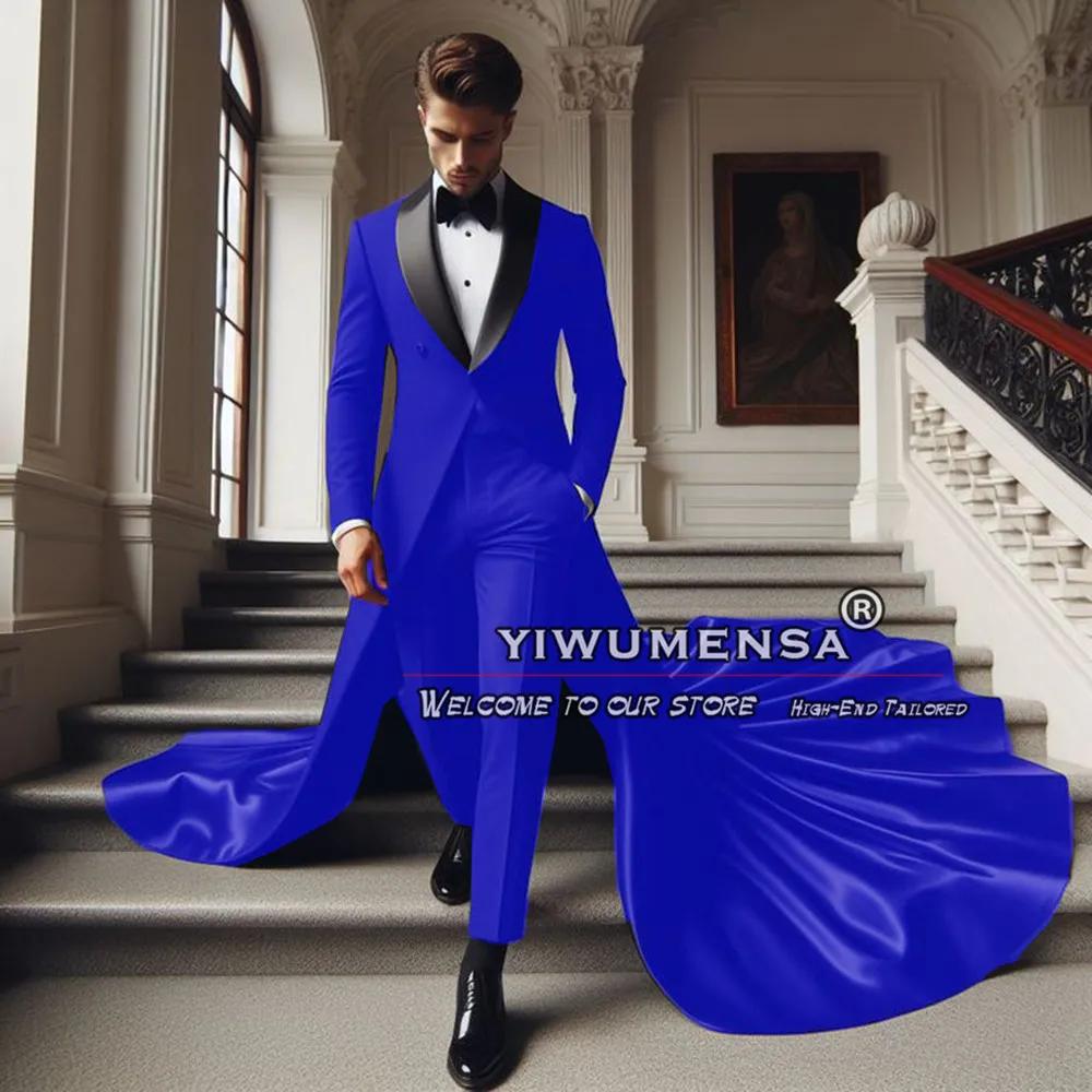 Costumes de mariage de luxe pour hommes, coupe couvertes, châle noir, revers, long manteau, pantalon