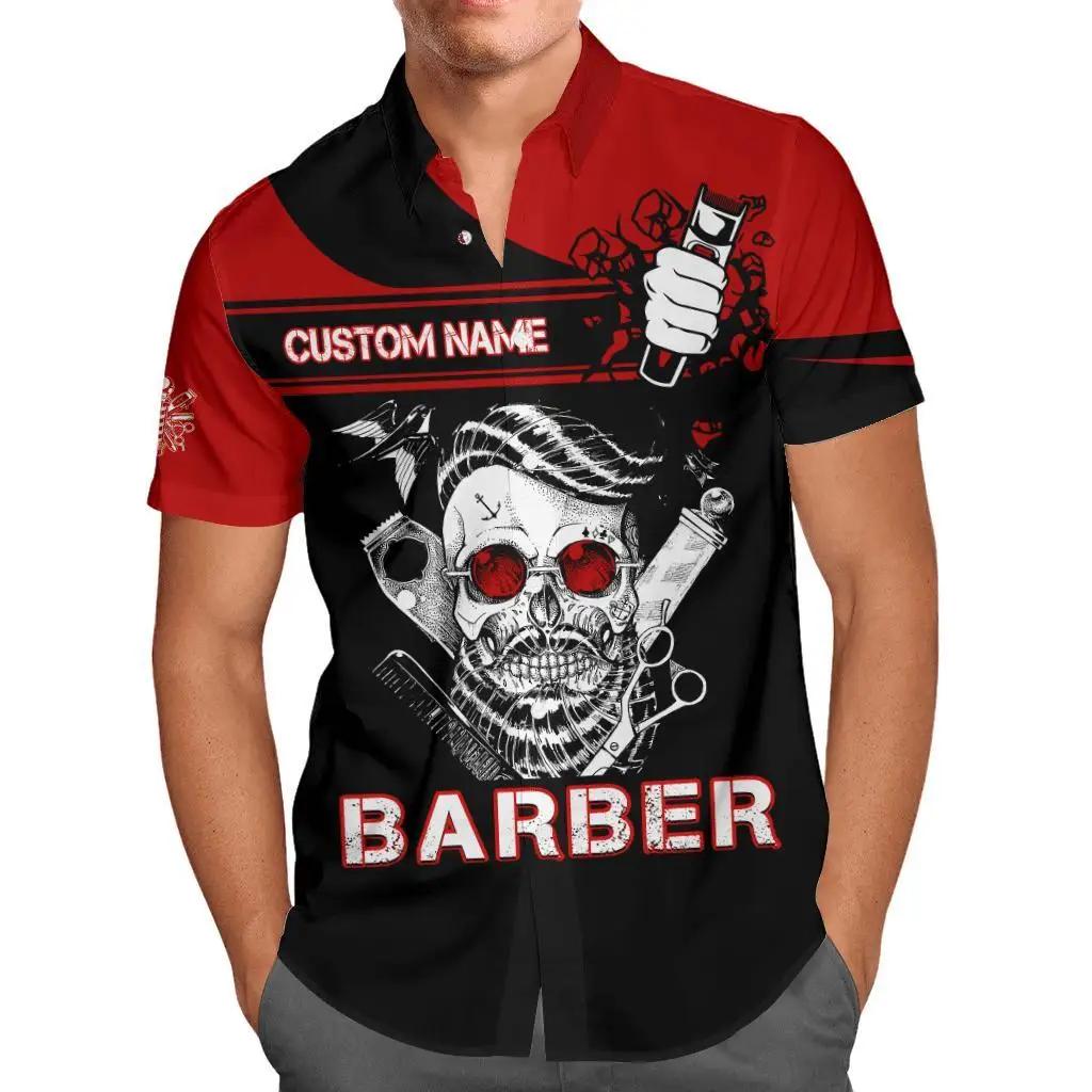 Chemise hawaïenne personnalisée pour hommes, nom d'été décontracté, barbier imprimé en 3D, manches c