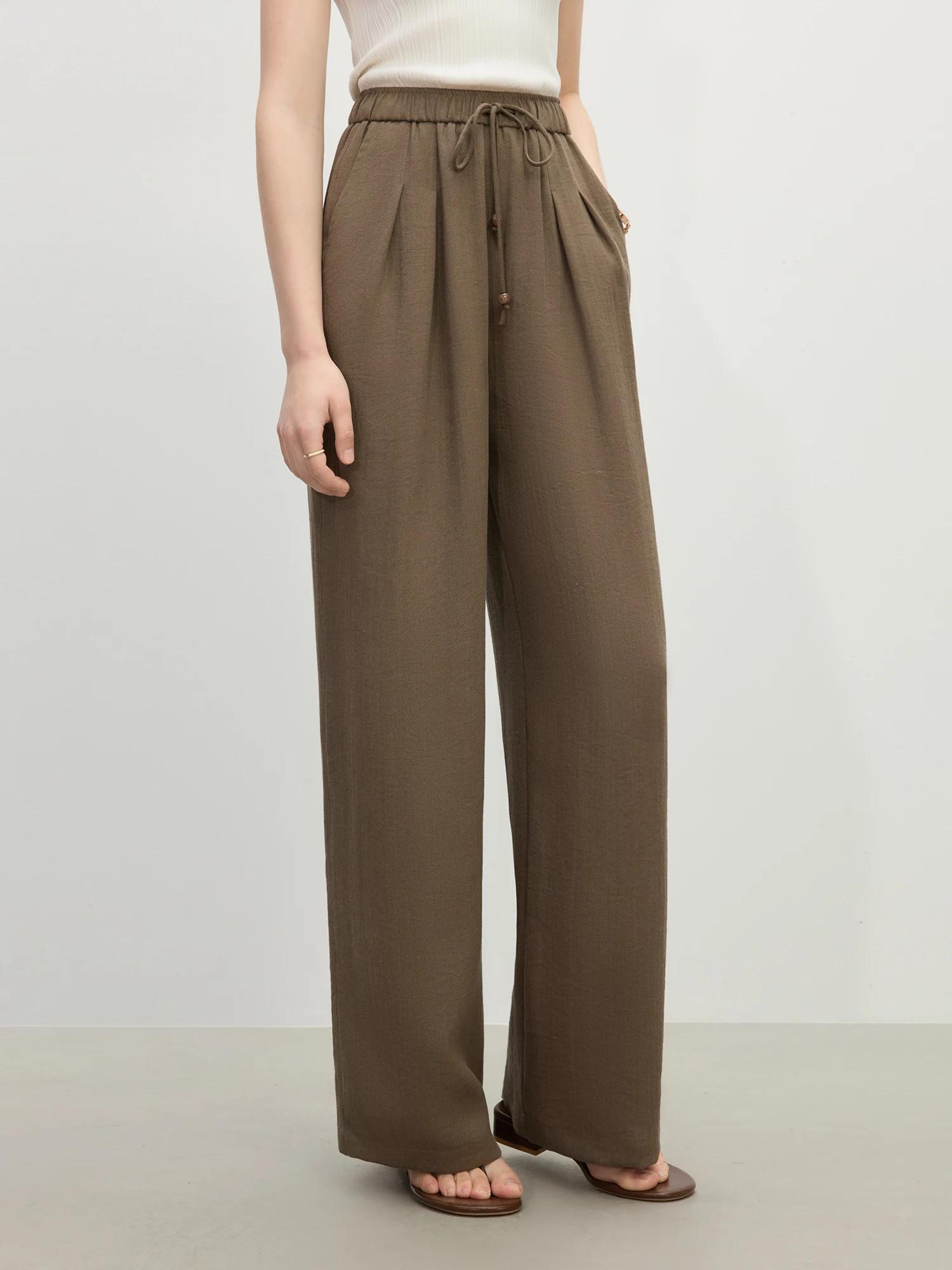 FSLE minimalisme Style lin droit élastique taille haute pantalons décontractés pour les femmes été 2