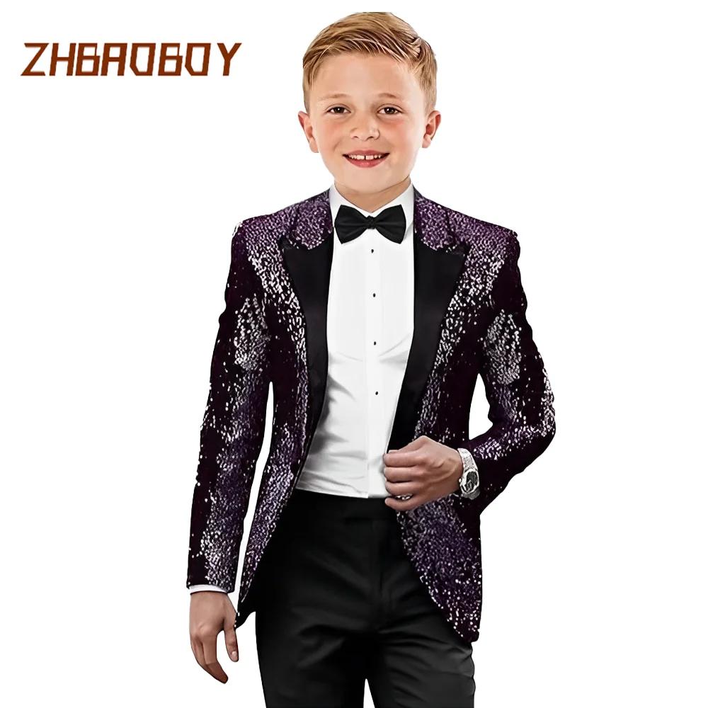 Costumes de smoking pour enfants, 2 pièces, à paillettes, coupe cintrée, vêtements formels, fête de