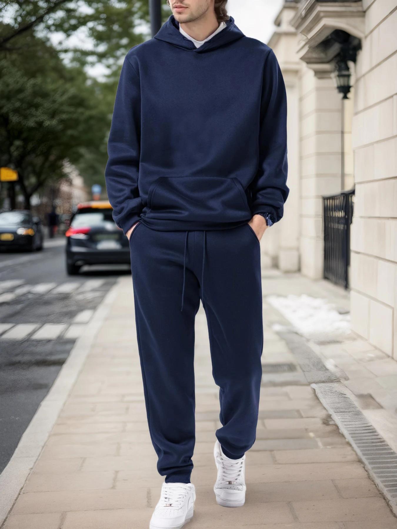Sweat à capuche + pantalon de jogging pour hommes, couleur unie, ensemble deux pièces, à la mode, vê