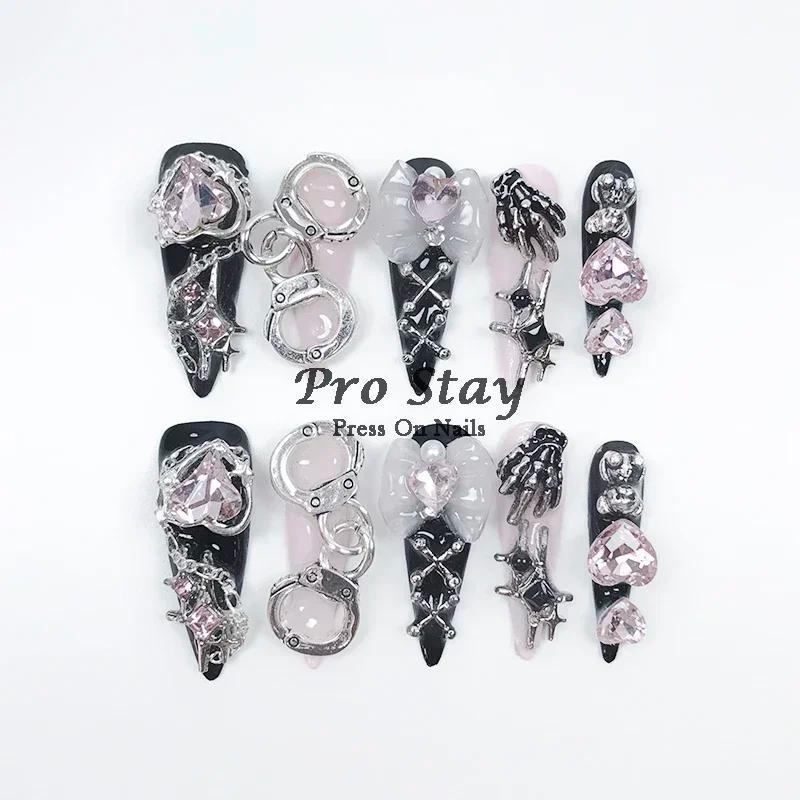 Faux ongles artificiels noirs foncés Y2k, faits à la main, à pression, doux et frais, avec diamant,