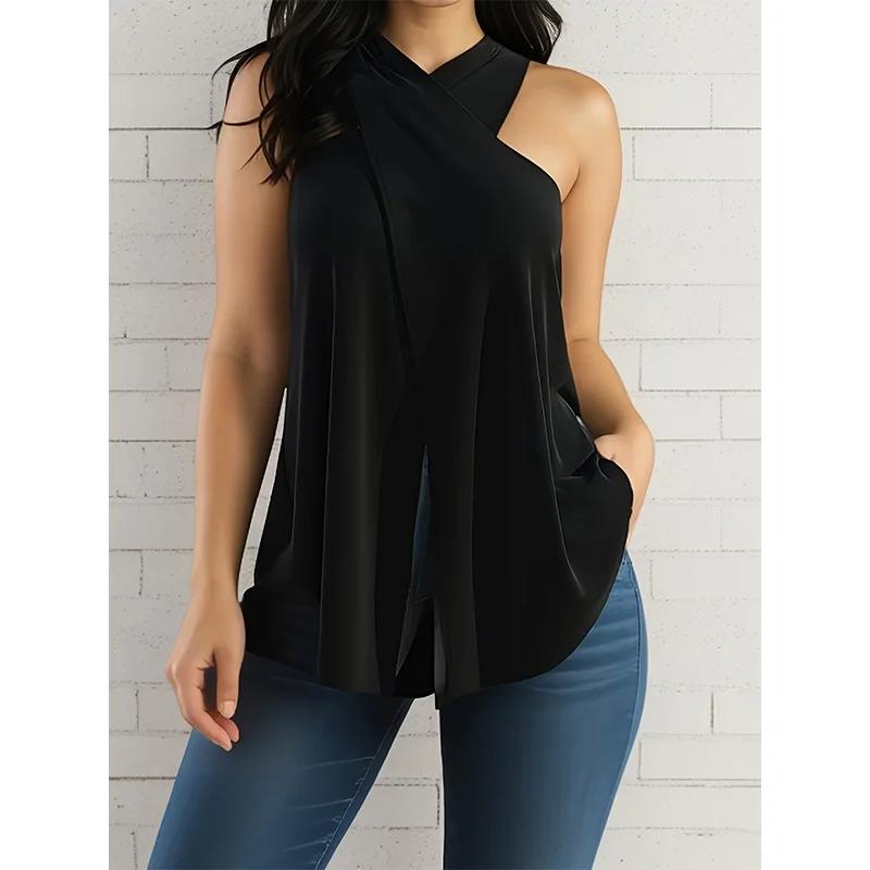 T-shirt sexy pour femmes, grande taille, nouveau modèle d'été, col suspendu, coupe ample, irrégulièr