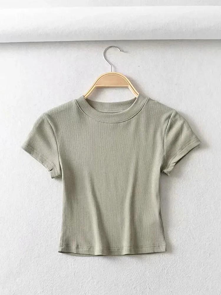 Été Sexy femmes col rond à manches courtes T-shirt mince élastique maigre culture hauts