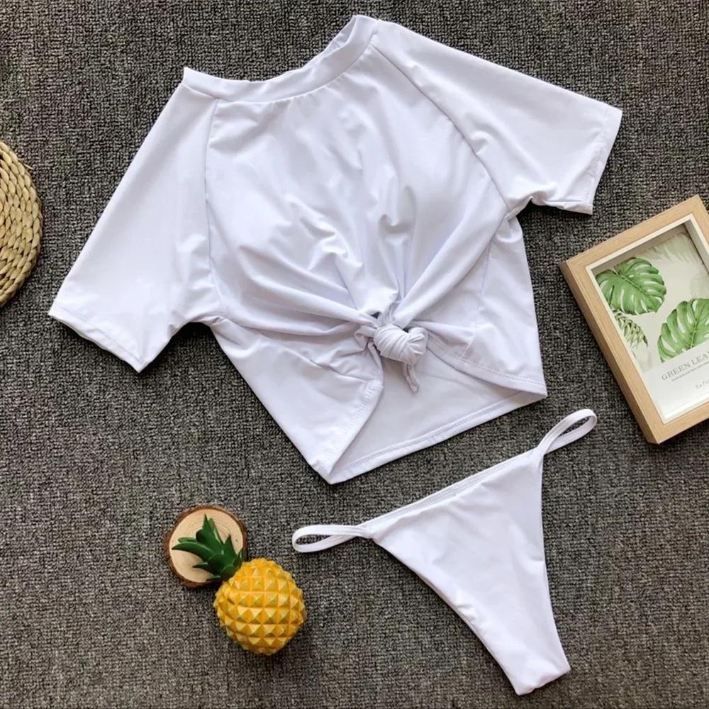 Maillot de bain deux pièces sexy 4 couleurs pour femme, à manches courtes, noué, uni, tenue de plage