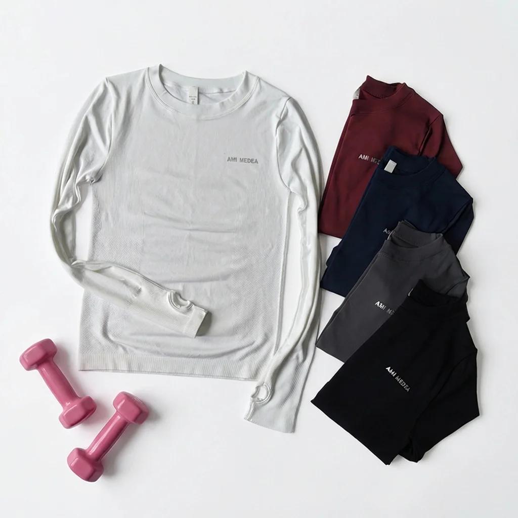 Haut de yoga pour femmes, chemise sans couture, t-shirts de sport, vêtements de fitness, manches lon