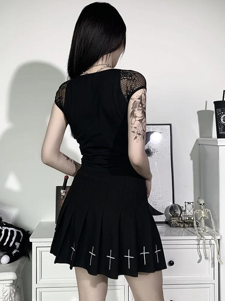 T-shirt gothique Vintage pour femmes, moulant, Bandage, dentelle, maille noire, Sexy, décontracté, g