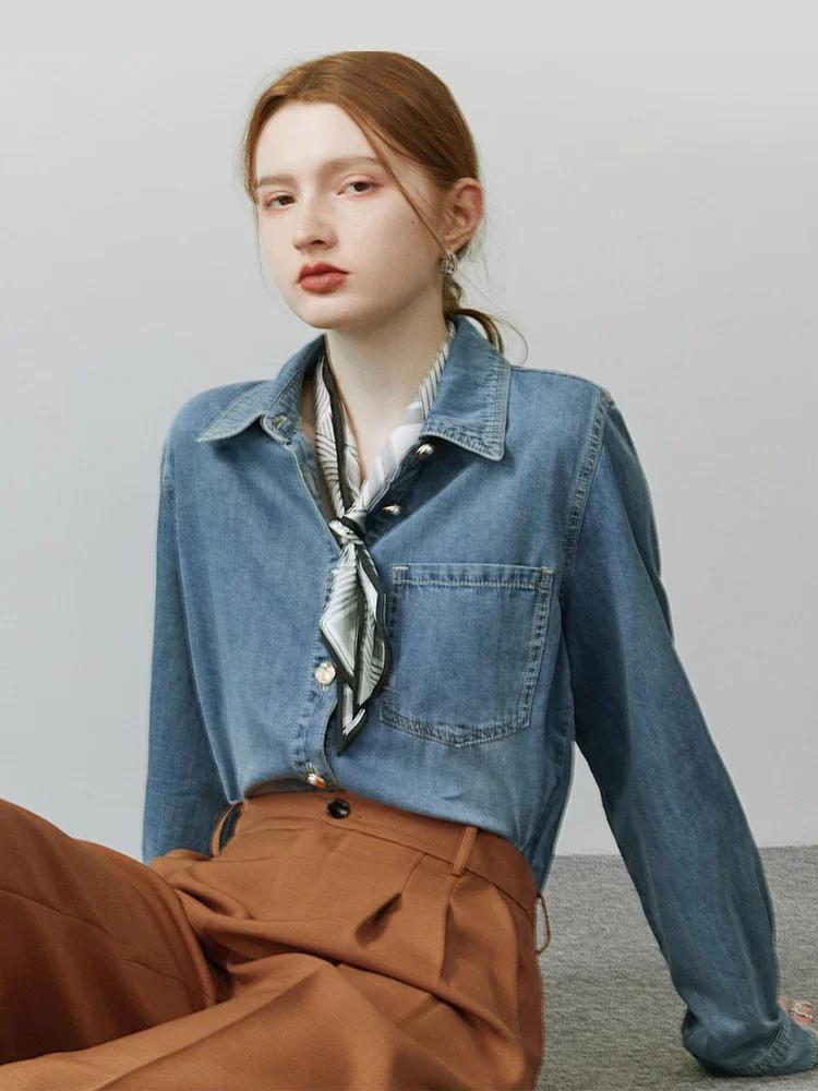 FSLE-Chemise en denim bleu doux pour femme, chemise à col en V empilable, chemise décontractée, chem