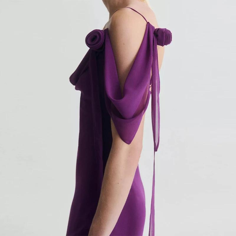 Robe longue en mousseline violette pour femme, collection été 2026, avec bretelles spaghetti, col dr
