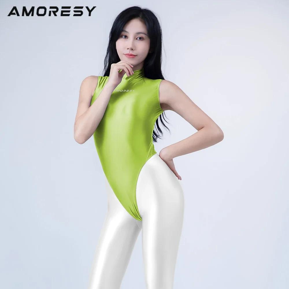 Maillot de bain une pièce brillant AMORESY - Body sans manches col montant string extra haute fermeture éclair dos