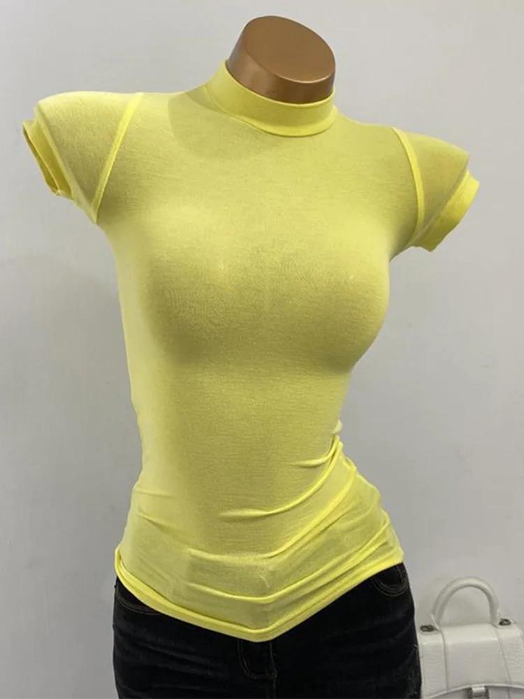 T-shirt à Manches Courtes et Col Mi-haut, Haut Transparent, Coupe Slim, artificiel astique, Couleur
