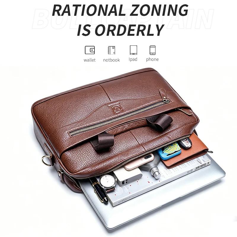 BULLCAPTAIN Sac à main en cuir véritable pour homme, sacoche de bureau portable pour ordinateur port