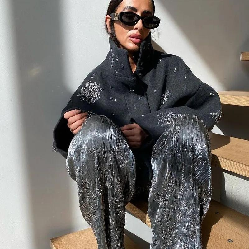 Manteau chic luxueux à perles pour femmes, vêtements d'extérieur en laine, vestes à manches longues,