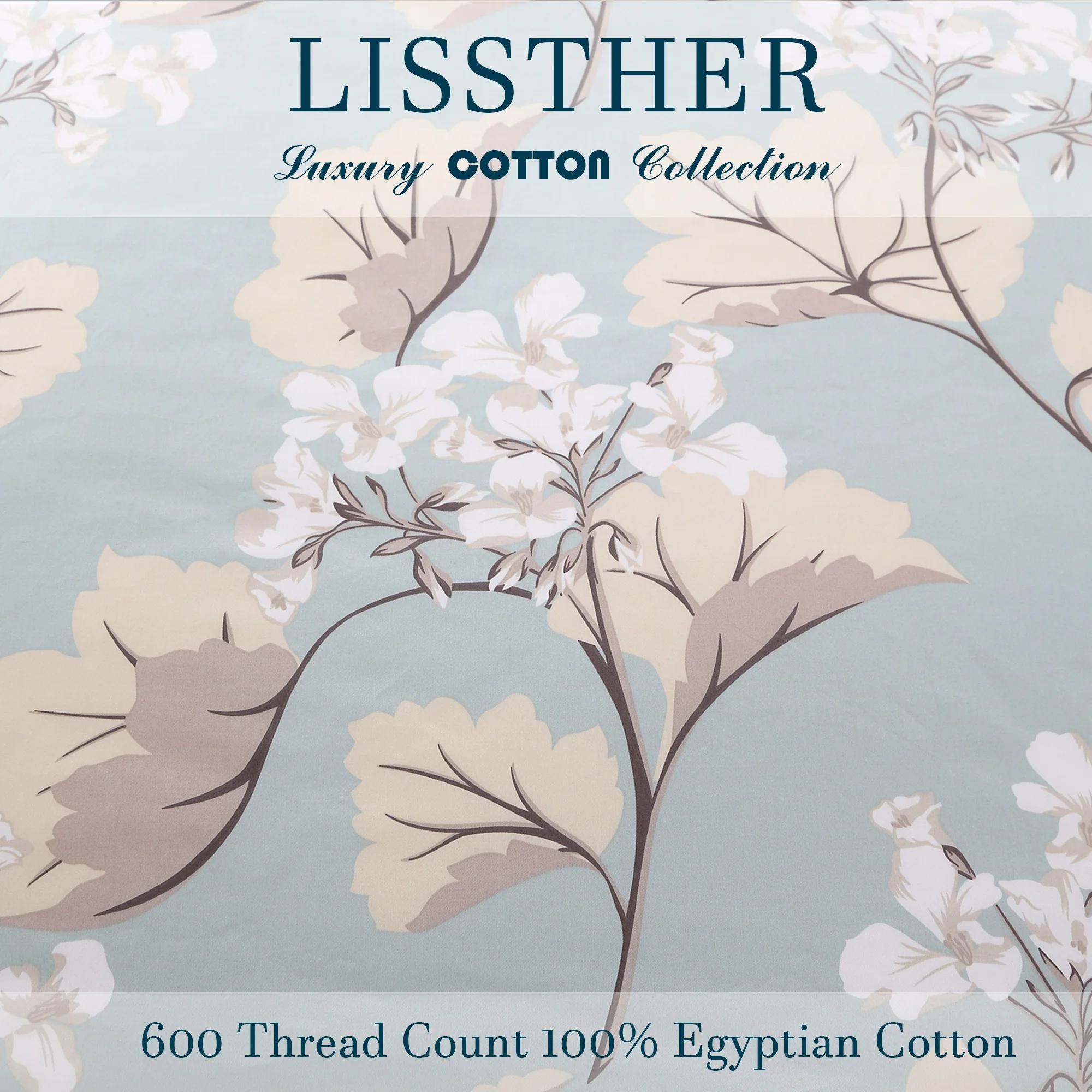 Ensemble de housse de couette 3 pièces 600TC 100% coton égyptien, feuilles de luxe bleues florales,