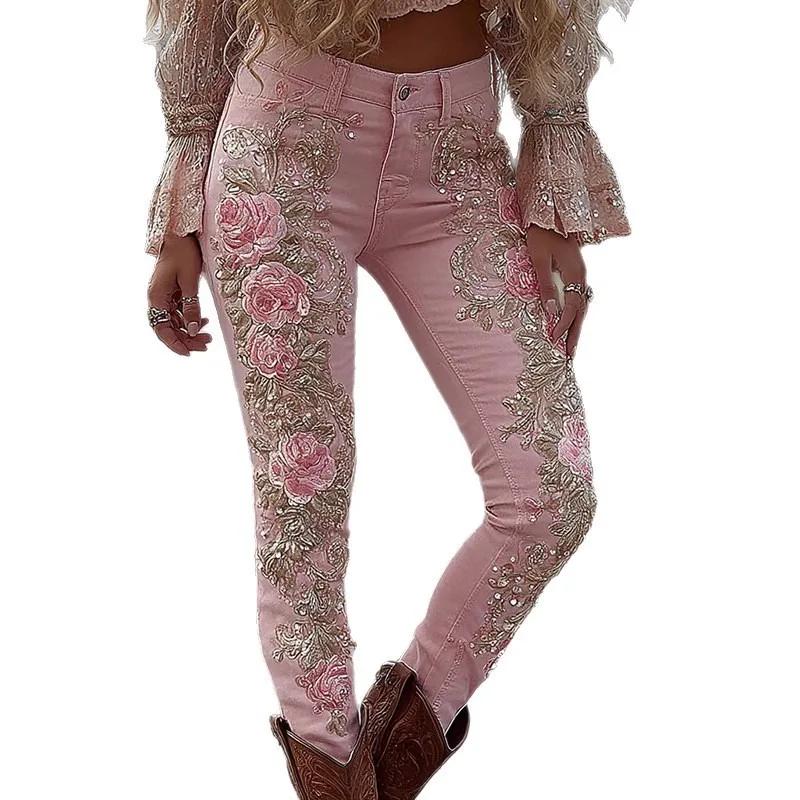 Jeans à jambes droites à imprimé floral pour femmes, style européen et américain, pantalon en denim