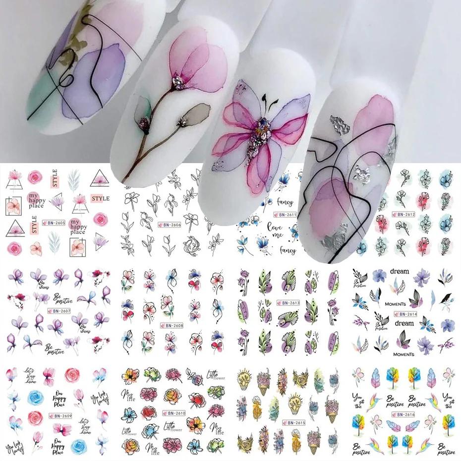 Autocollant de fleurs d'encre pour Nail Art, 12 pièces, décalcomanie d'eau d'été, fleurs en fleurs,