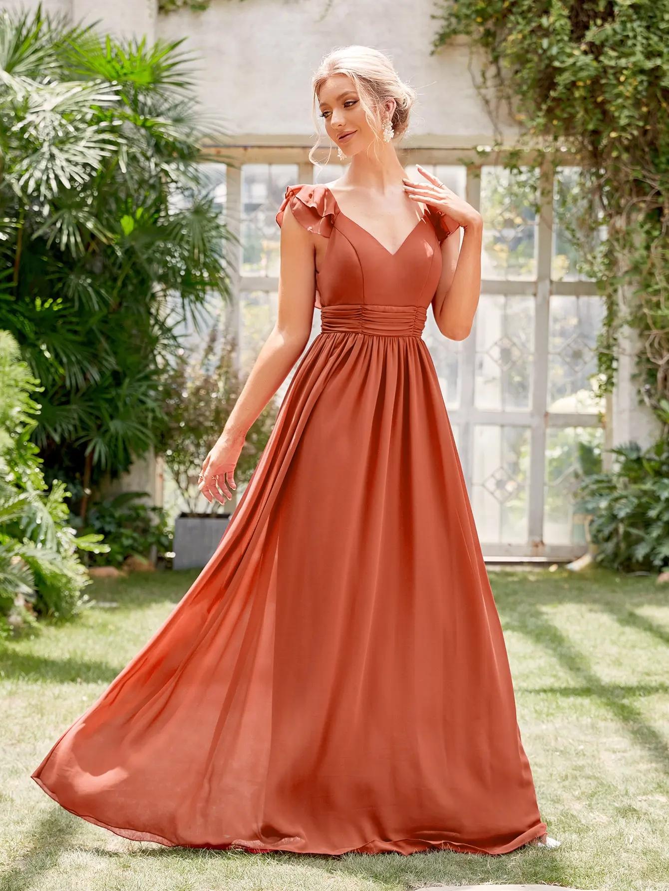 Mgiacy col en v manches courtes à volants dentelle robe de soirée Extra longue robe de bal robe de s