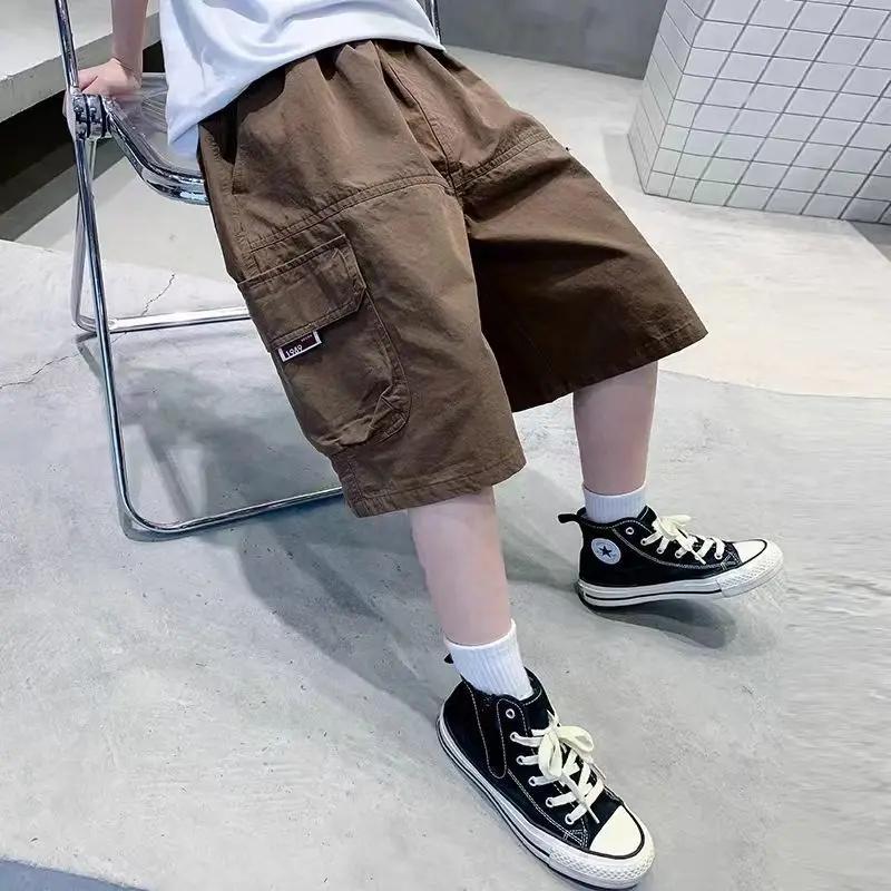 UNITIM Short d'été pour garçons, fin, uni, avec demi-bretelles, décontracté, taille élastique, pour