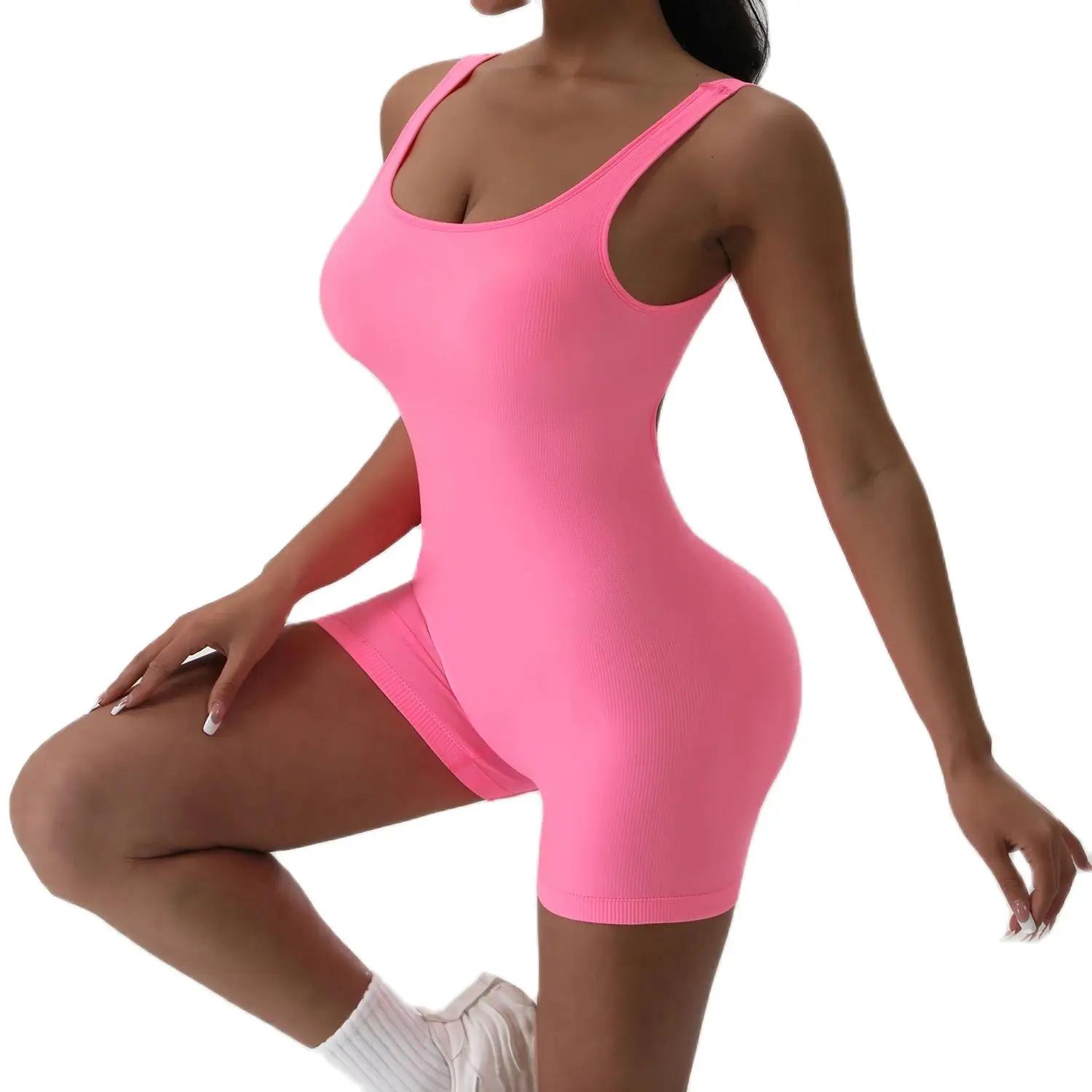 Combinaison de Yoga dos nu, 1 pièce, col en U, sans manches, combinaison de sport, couleur unie, fil