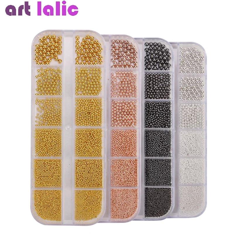 Perles de Caviar à 12 compartiments, accessoires métalliques pour Nail Art, perles en métal avec boî