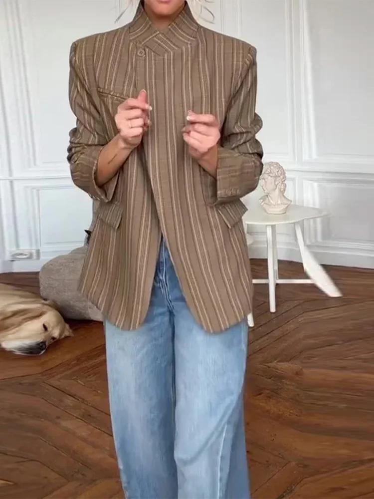 Blazer à carreaux pour femme, col montant, manches longues, bouton unique, poches, veste de bureau d