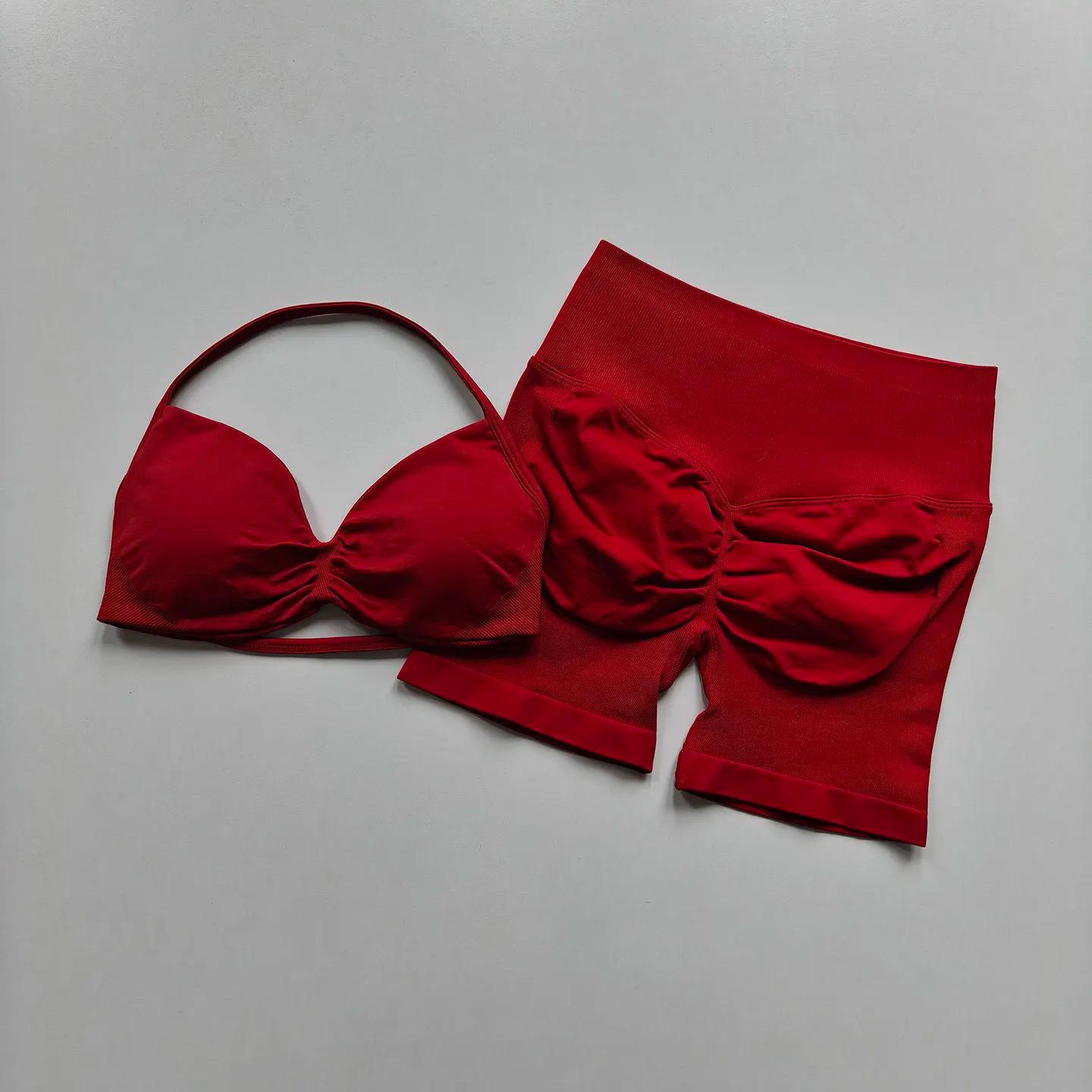 Ensemble de yoga deux pièces sans couture pour femme : soutien-gorge de sport push-up à col halter e
