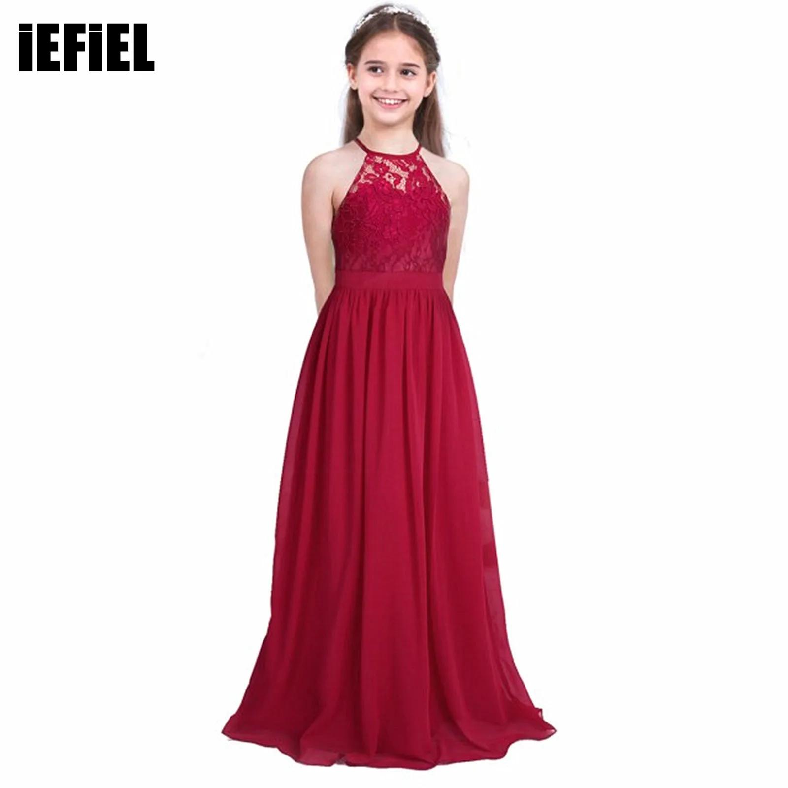 Robe de demoiselle d'honneur en mousseline de soie pour filles, licou en dentelle, princesse, mariag