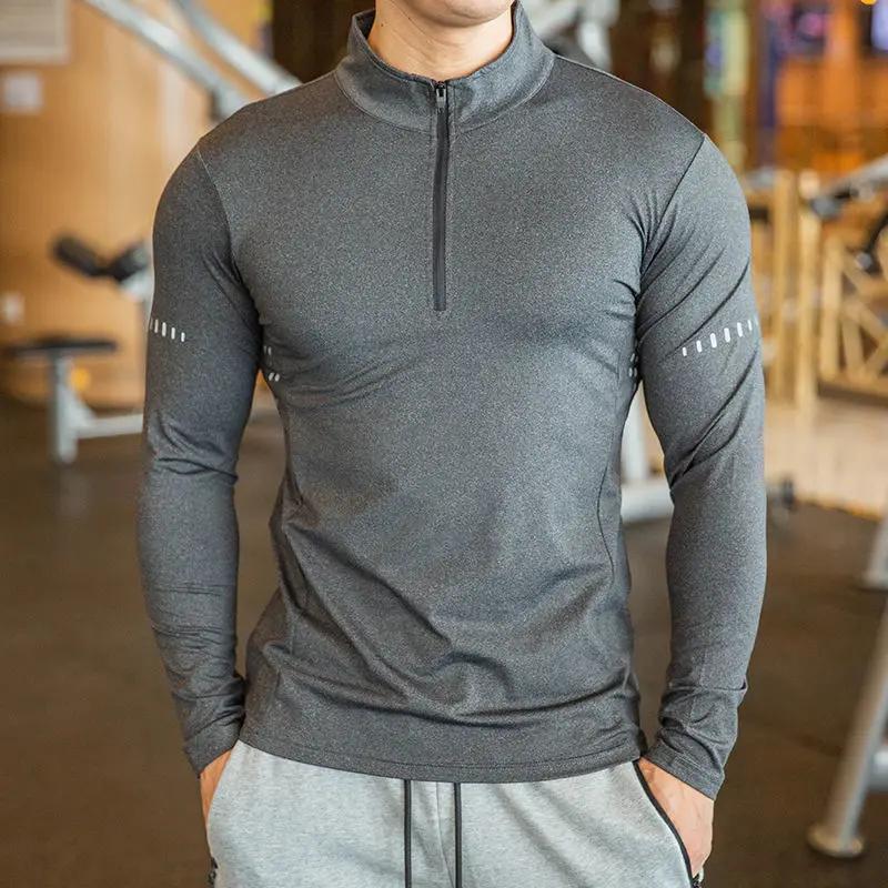 T-shirt de sport à manches longues pour hommes, coupe cintrée, demi-fermeture éclair, col montant, p