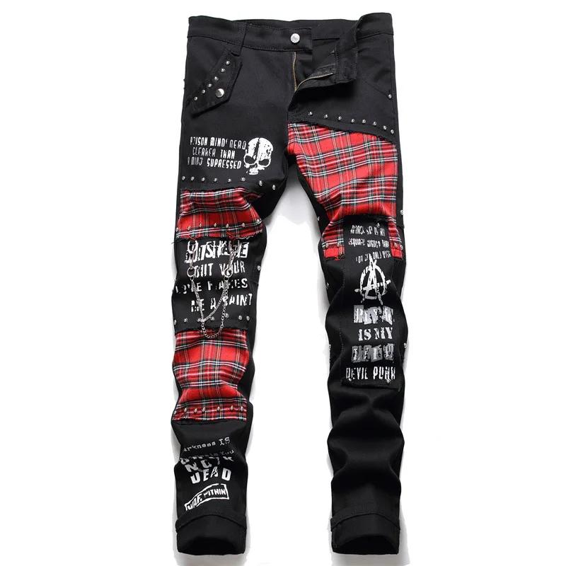 Jean Patchwork Tartan écossais pour hommes, pantalon en Denim noir, Punk avec Rivet, lettres imprimé