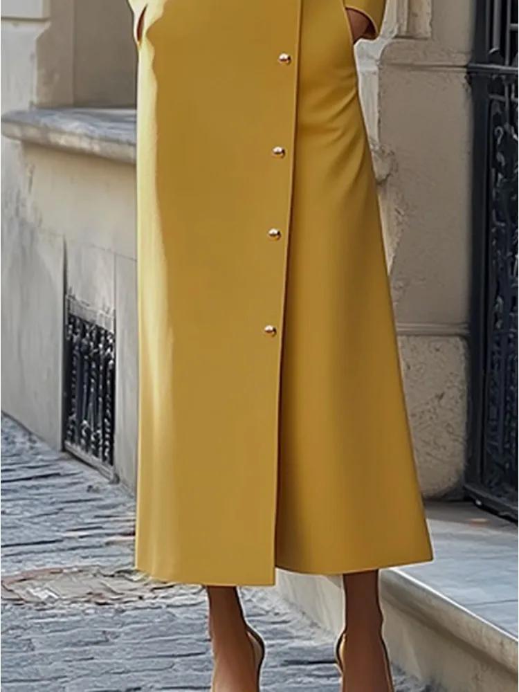Robe longue boutonnée diagonale à col mandarin jaune pour femme Freeacy, idéale pour les invitées de