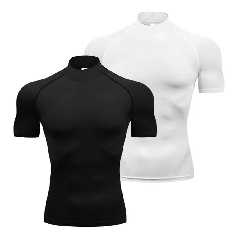 T-shirts à Compression unie pour hommes, T-shirts de course d'été à col roulé, élastiques à séchage