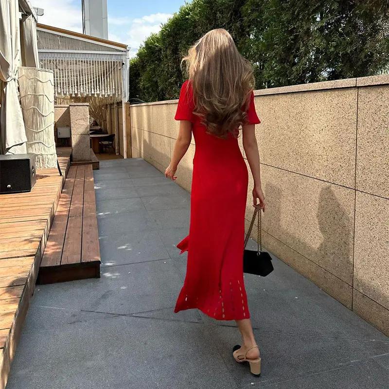 Robe évidée à simple boutonnage pour femmes, élégante robe à revers, manches courtes, chic, rouge, n