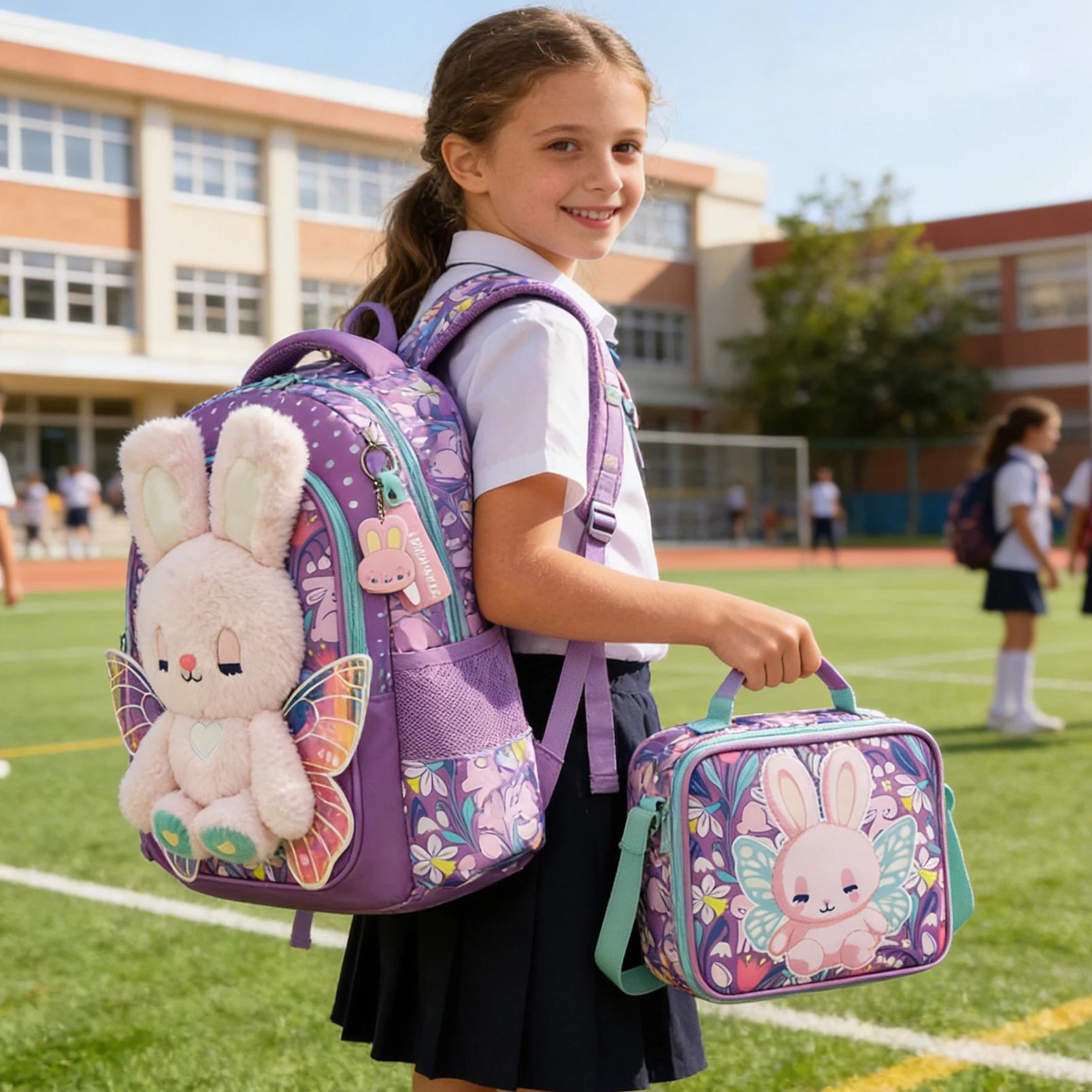 Ensemble de 3 sacs à dos pour filles, mignon lapin en peluche 3D avec ailes - Sac à dos scolaire à i