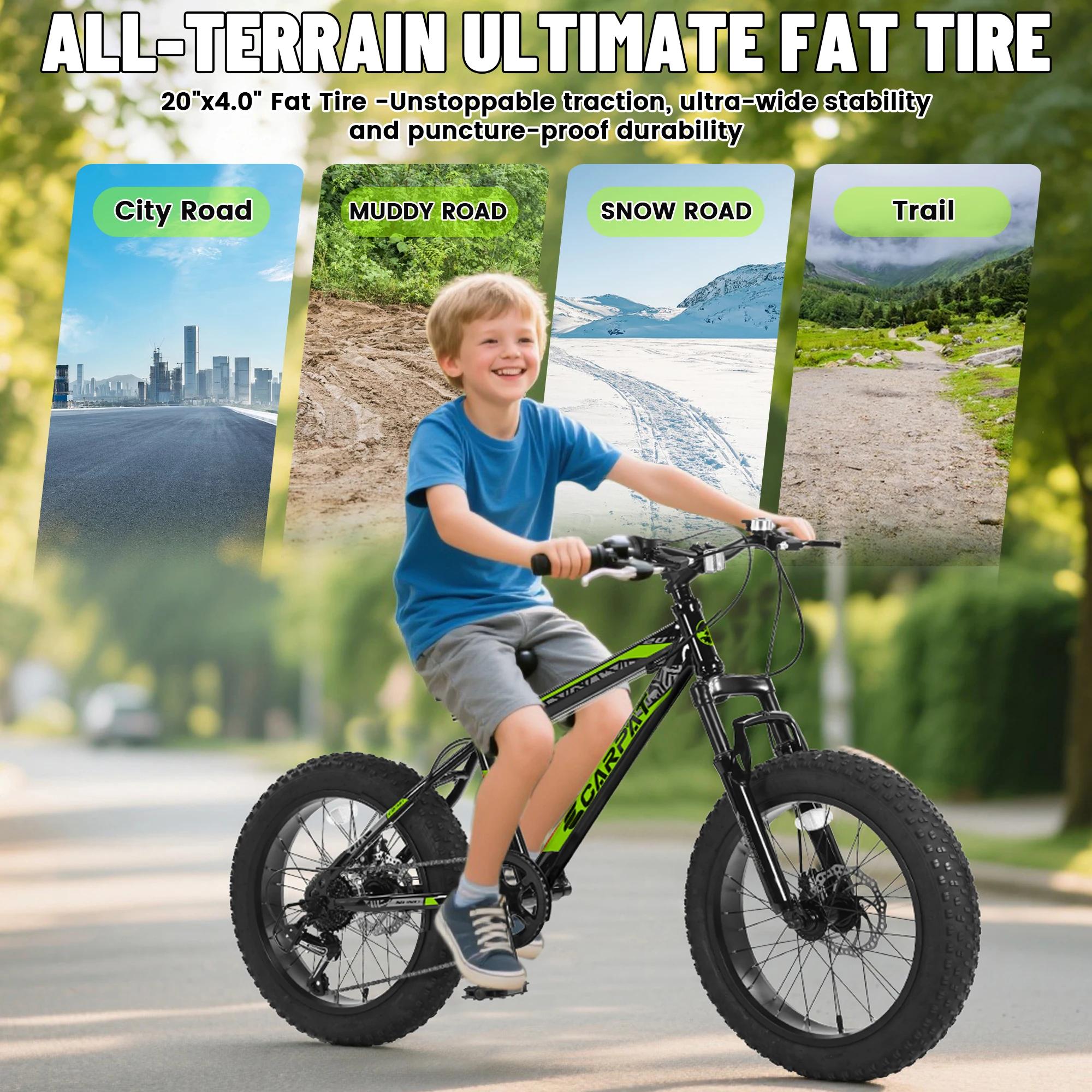 Ecarpat Vélo pour enfants à pneus 20 x 4,0 pouces, VTT à pneus larges, 7 vitesses pour garçons et fi