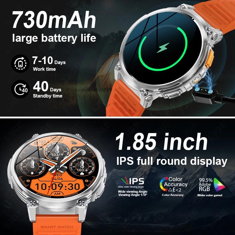 LIGE K66 montre intelligente hommes lampe de poche Bluetooth appel 1.85 pouces 128 mo de mémoire 730