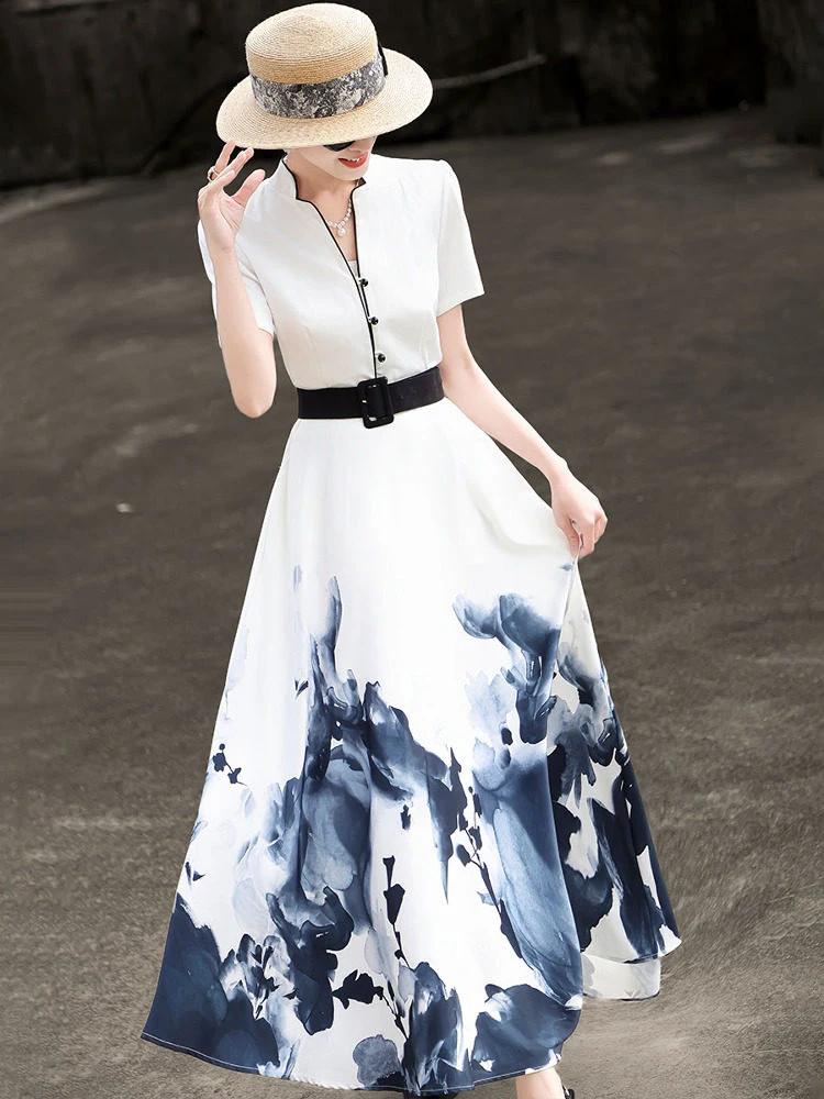 MEXCOCO 2026 Nouvelle collection été – Robe évasée élégante à manches courtes imprimé peinture à l'e