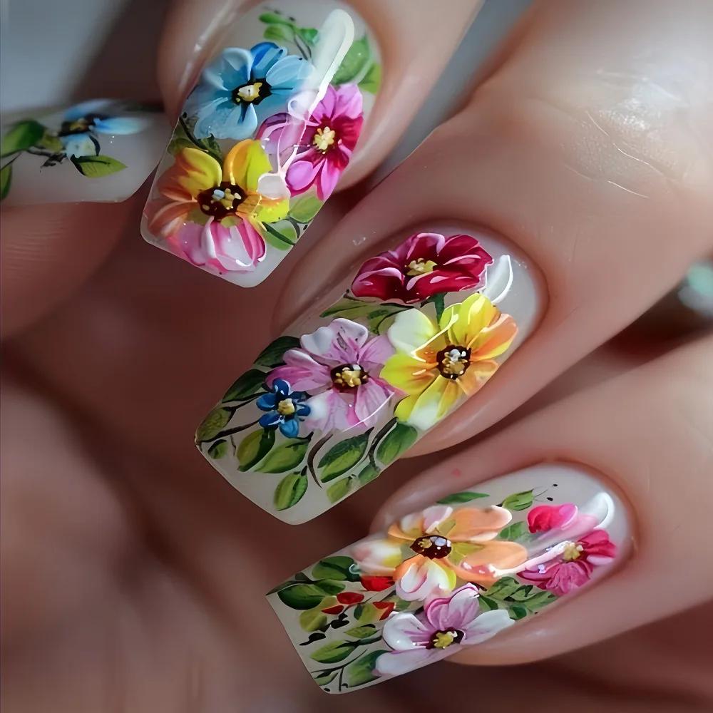 24 pièces/seste faux ongles courts moyens pour femmes filles fleurs colorées plage de champignons po