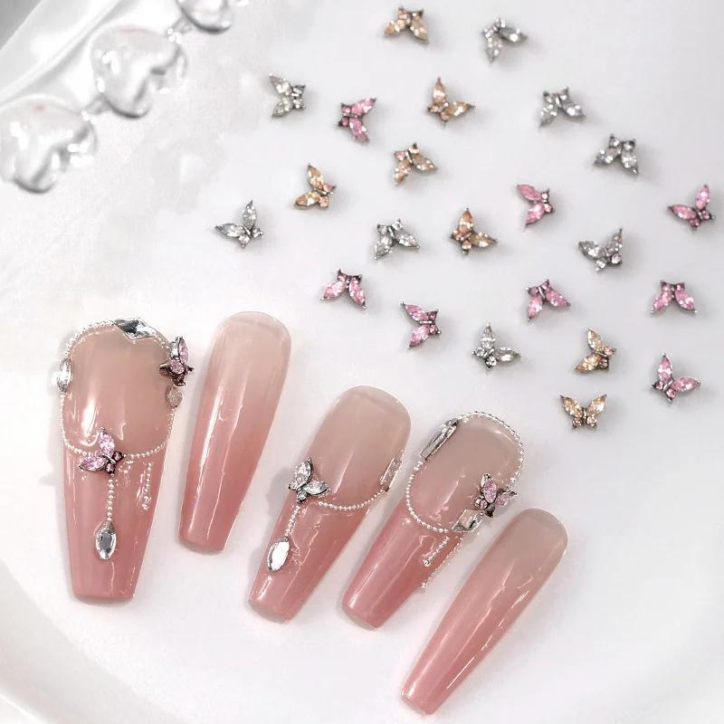 10/20 pièces Mini 4*5mm cristal papillon ongles breloques 3D diamant bijoux pièces rose clair métal