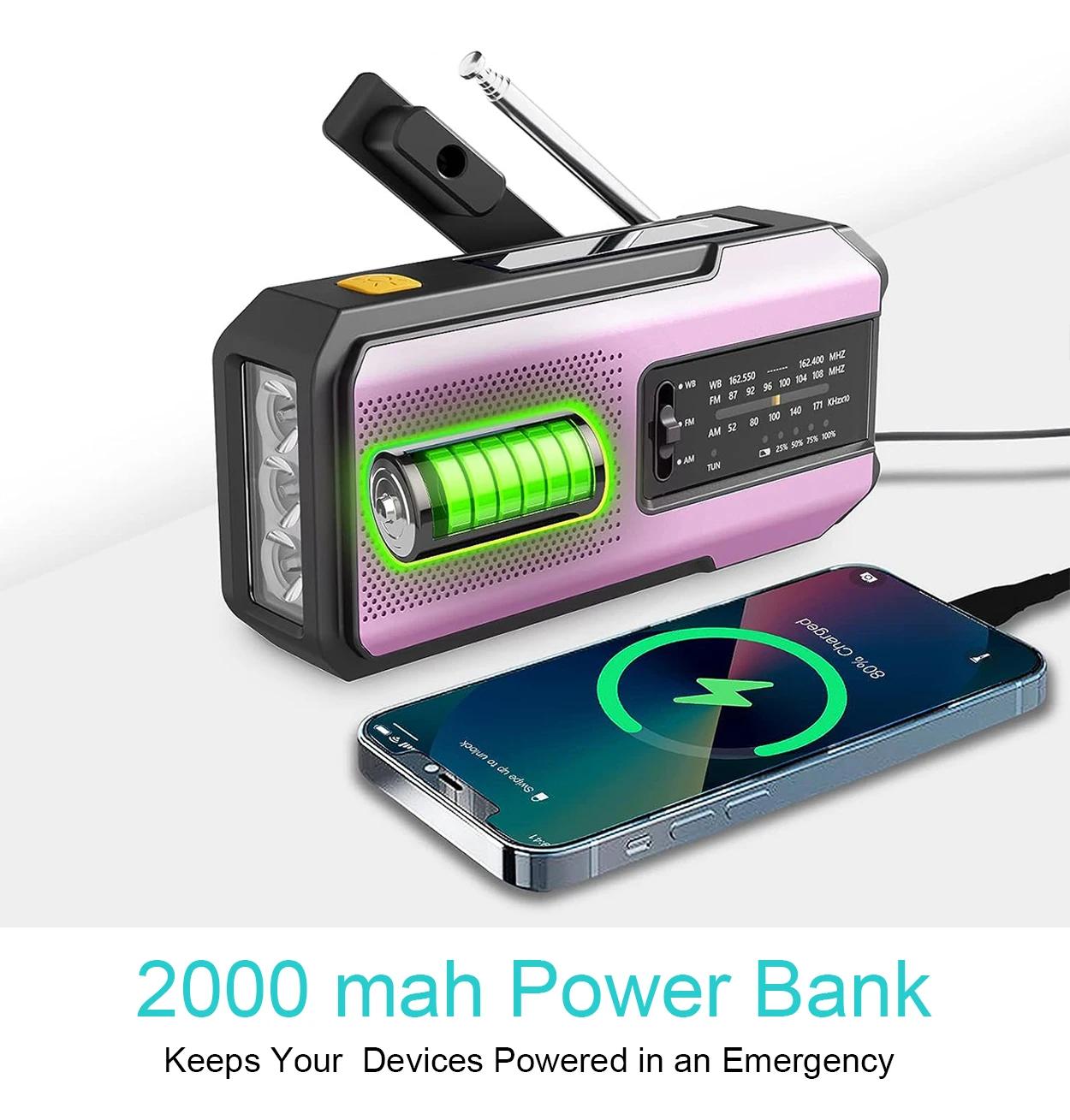 Radio météo d'urgence NOAA, radio portable à manivelle, alimentation solaire, AM/FM, alarme SOS, lam