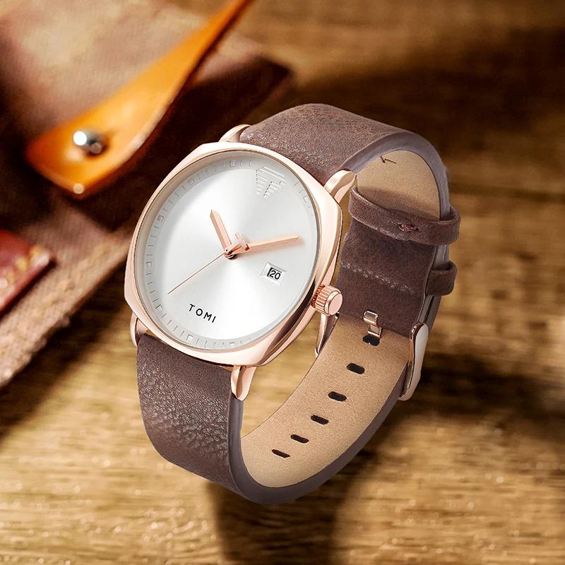 TOMI montre pour hommes minimaliste mode montre de sport calendrier cuir montre à quartz décontracté