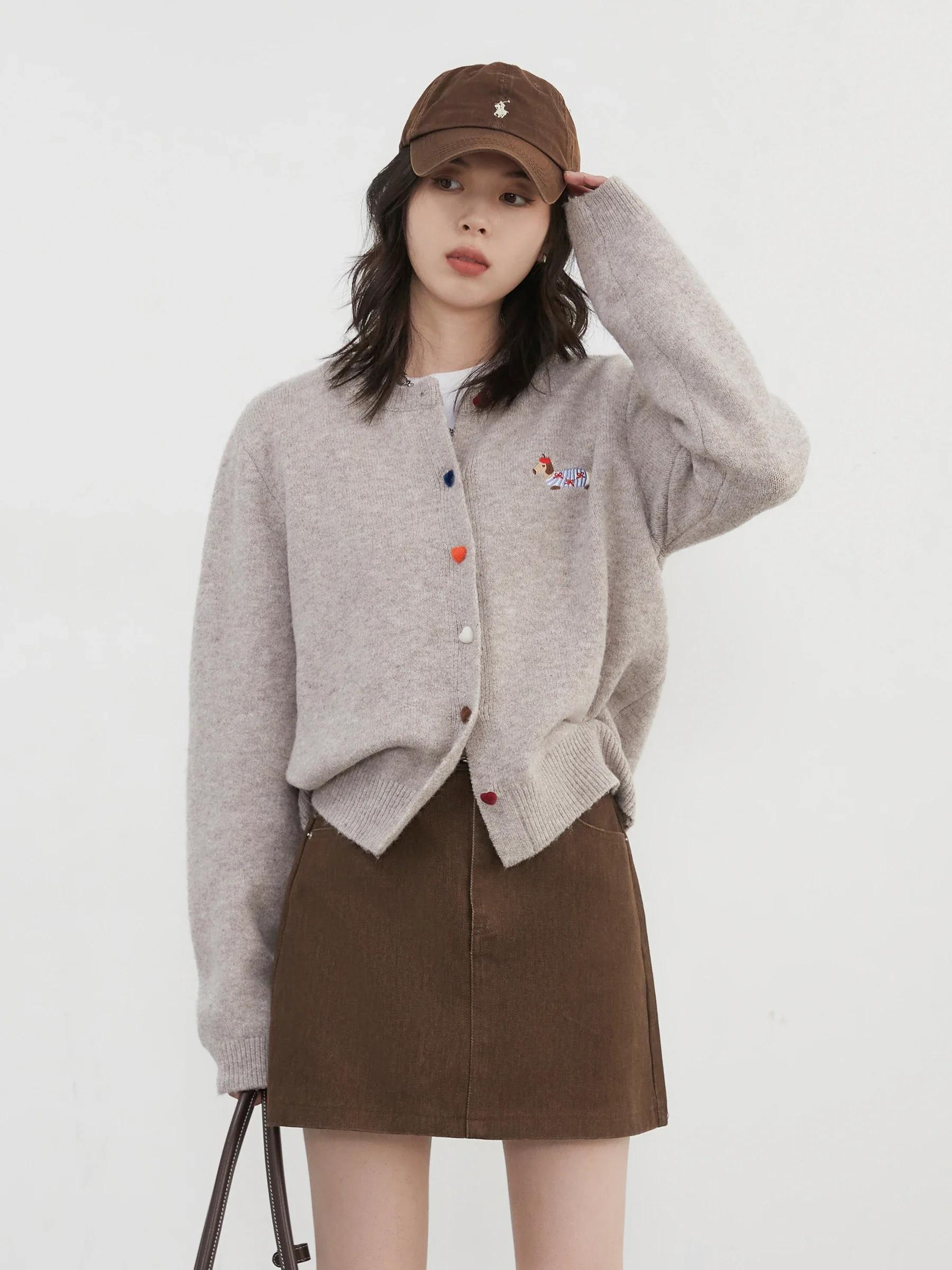 CHIC VEN femmes Cardigan ample décontracté nouveau col rond amour bouton chien broderie tricoté chan