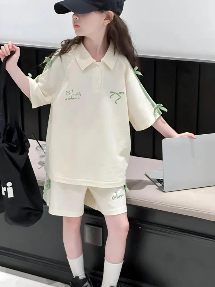 T-Shirt de sport d'été pour filles, costume avec nœud en sangle, pour grands enfants, Version coréen