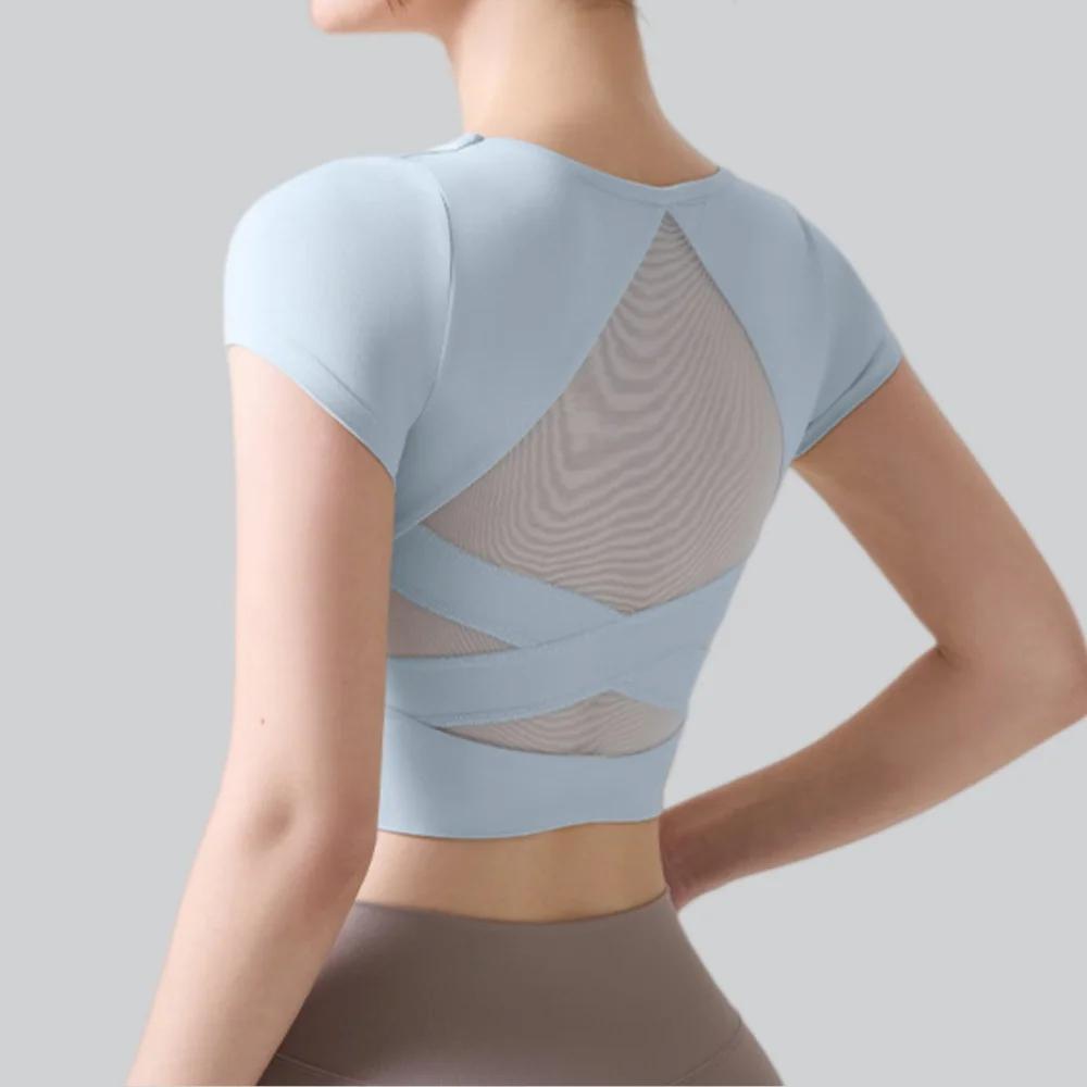 Haut de yoga pour femmes avec coussinets de poitrine, vêtements de fitness pour Pilates, t-shirt de