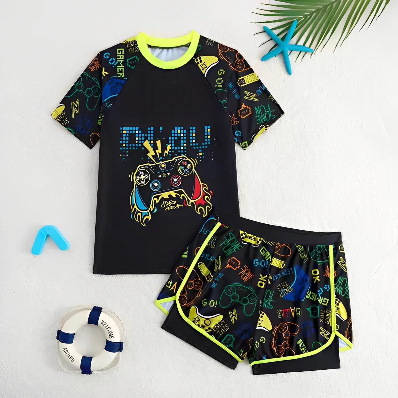 Maillot de bain deux pièces garçon 2026 avec short imprimé - Tenue plage été enfants colorée et pratique