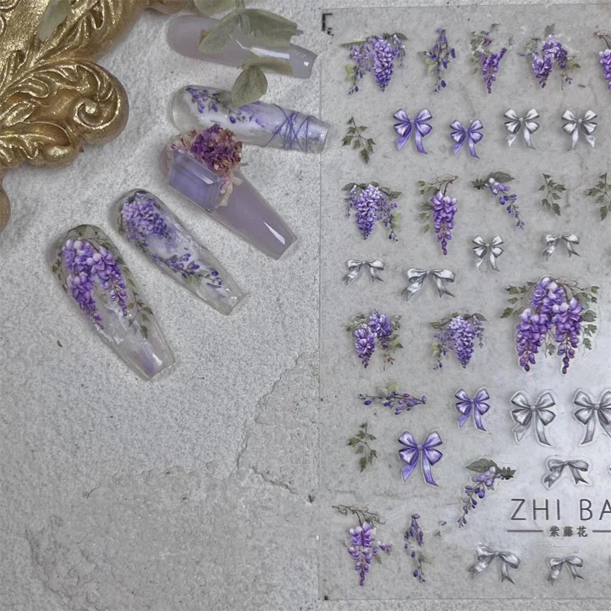 Autocollants 5D de fleurs de glycine violette pour nail art, 1 pièce, adhésif de transfert, décorati
