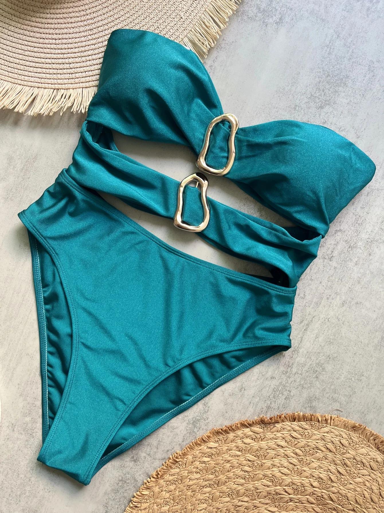 Maillot de bain femme une pièce bandeau jambe haute - Anneaux métal découpé sexy 3 couleurs