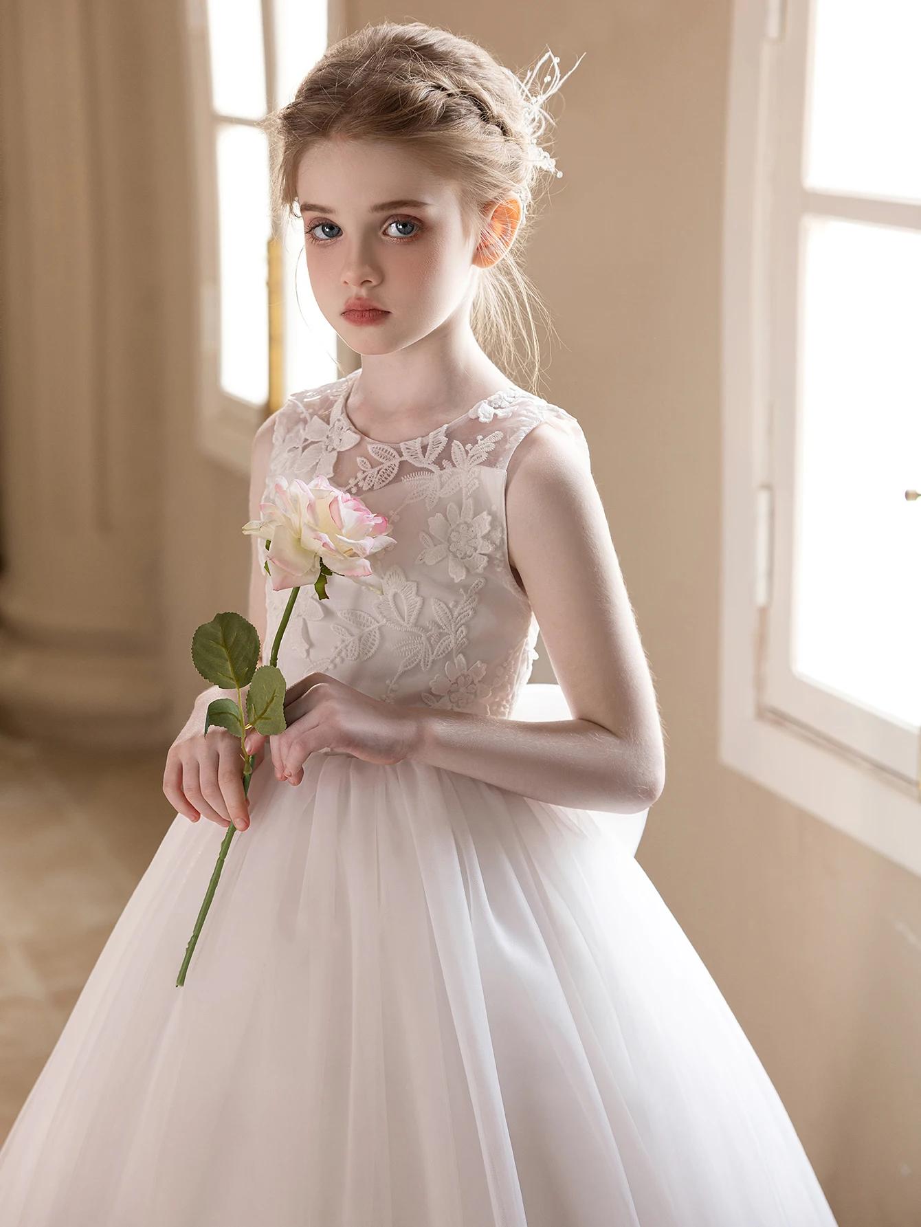 Robe de mariée en gaze blanche pour adolescentes, broderie en dentelle, grand nœud, robe de soirée g
